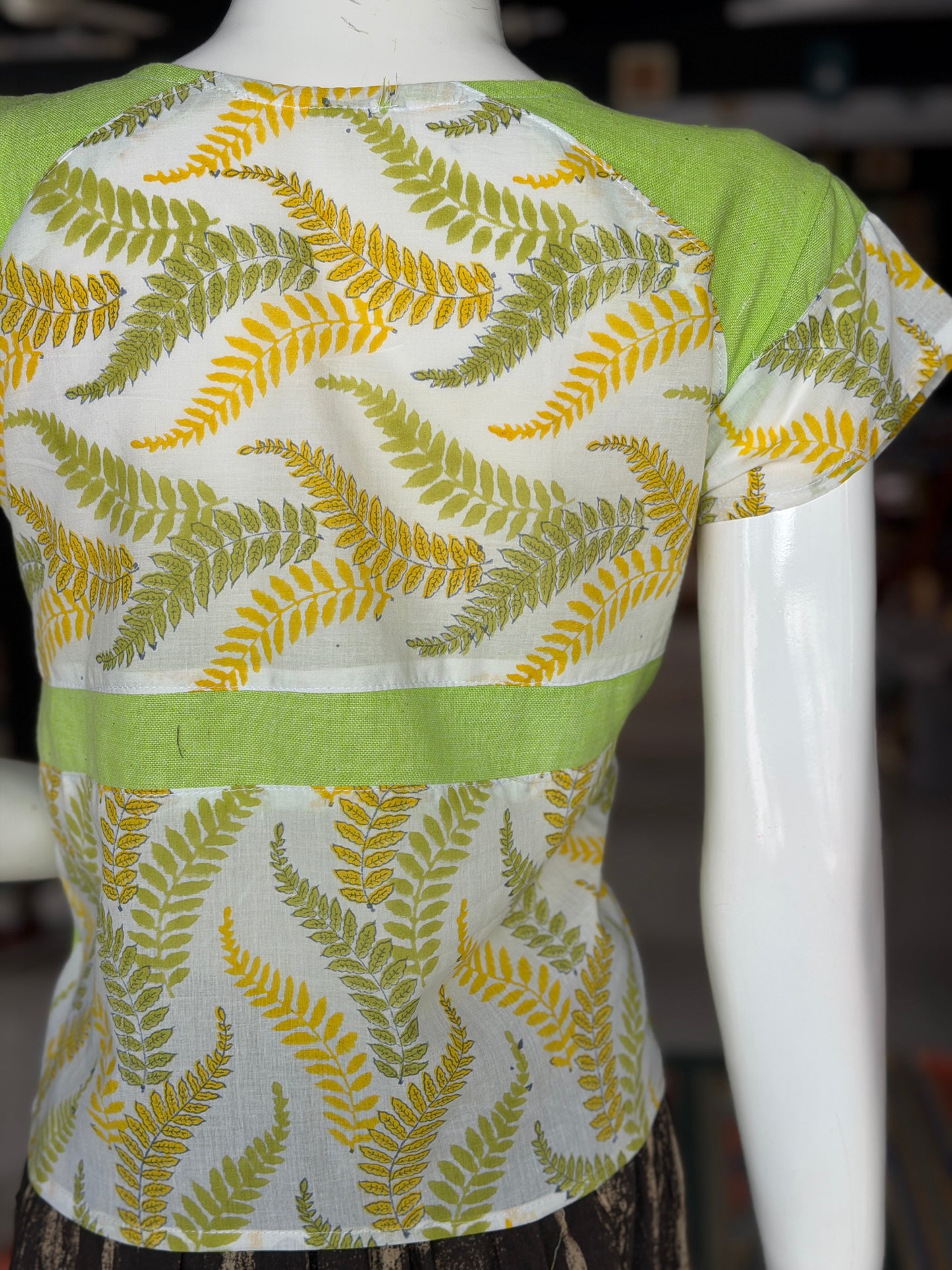 White and green hand block printed cotton top with lime green handloom cotton patches