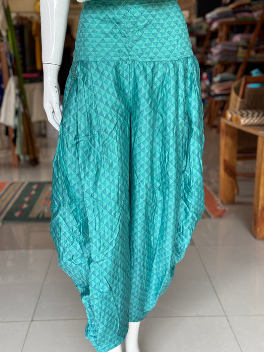 Sea green with blue lines hand block printed cowl style pants