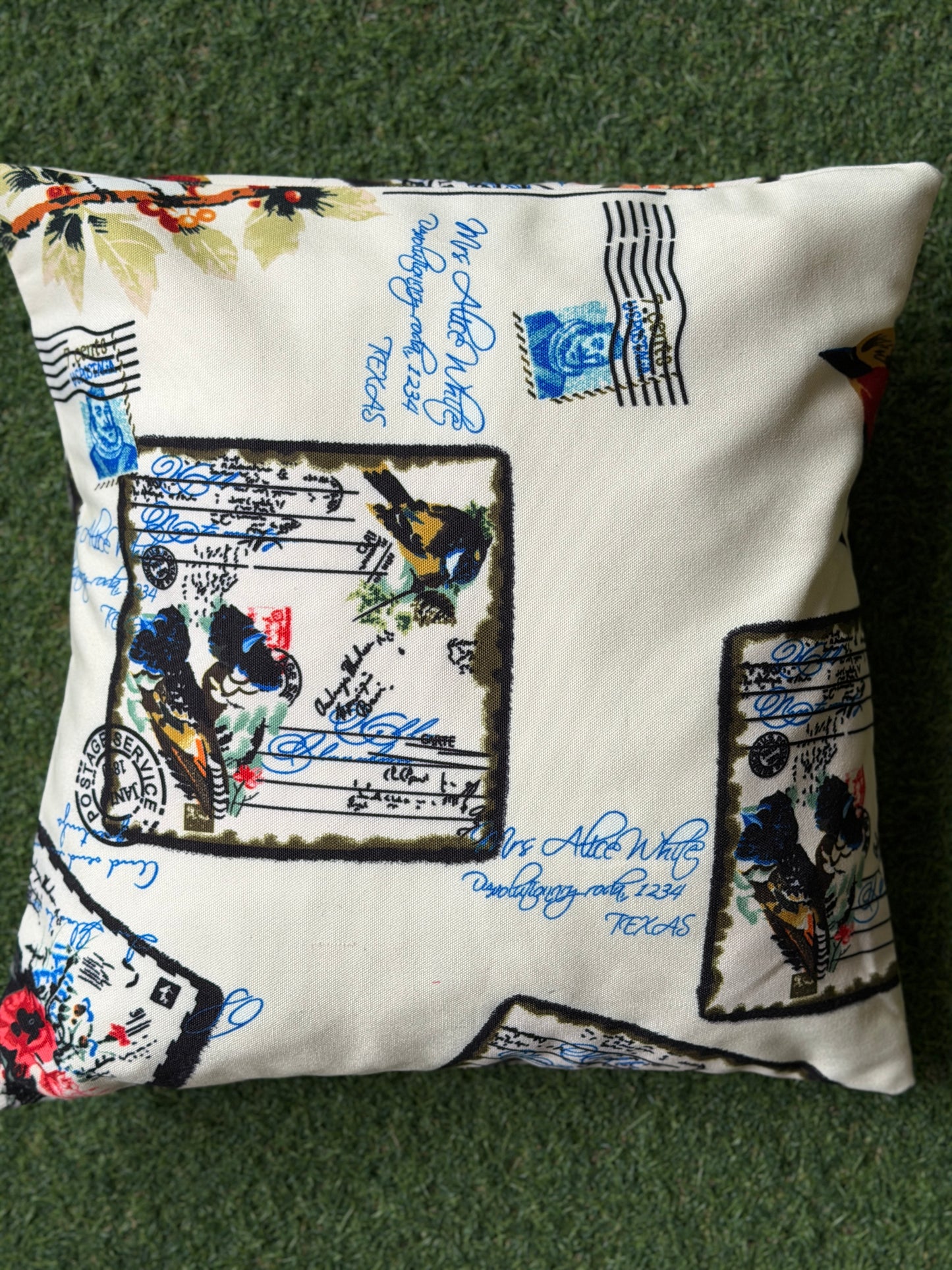 Vintage post card look cream cushion cover