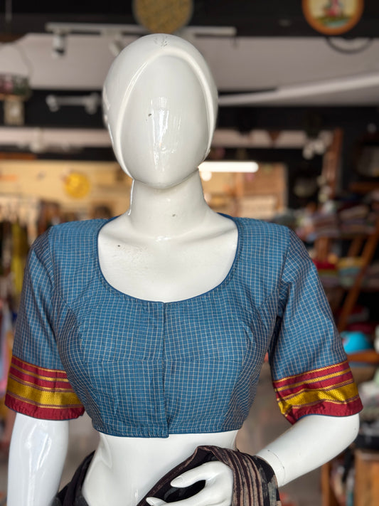 Teal checkered cotton hand embroidered blouse with borders