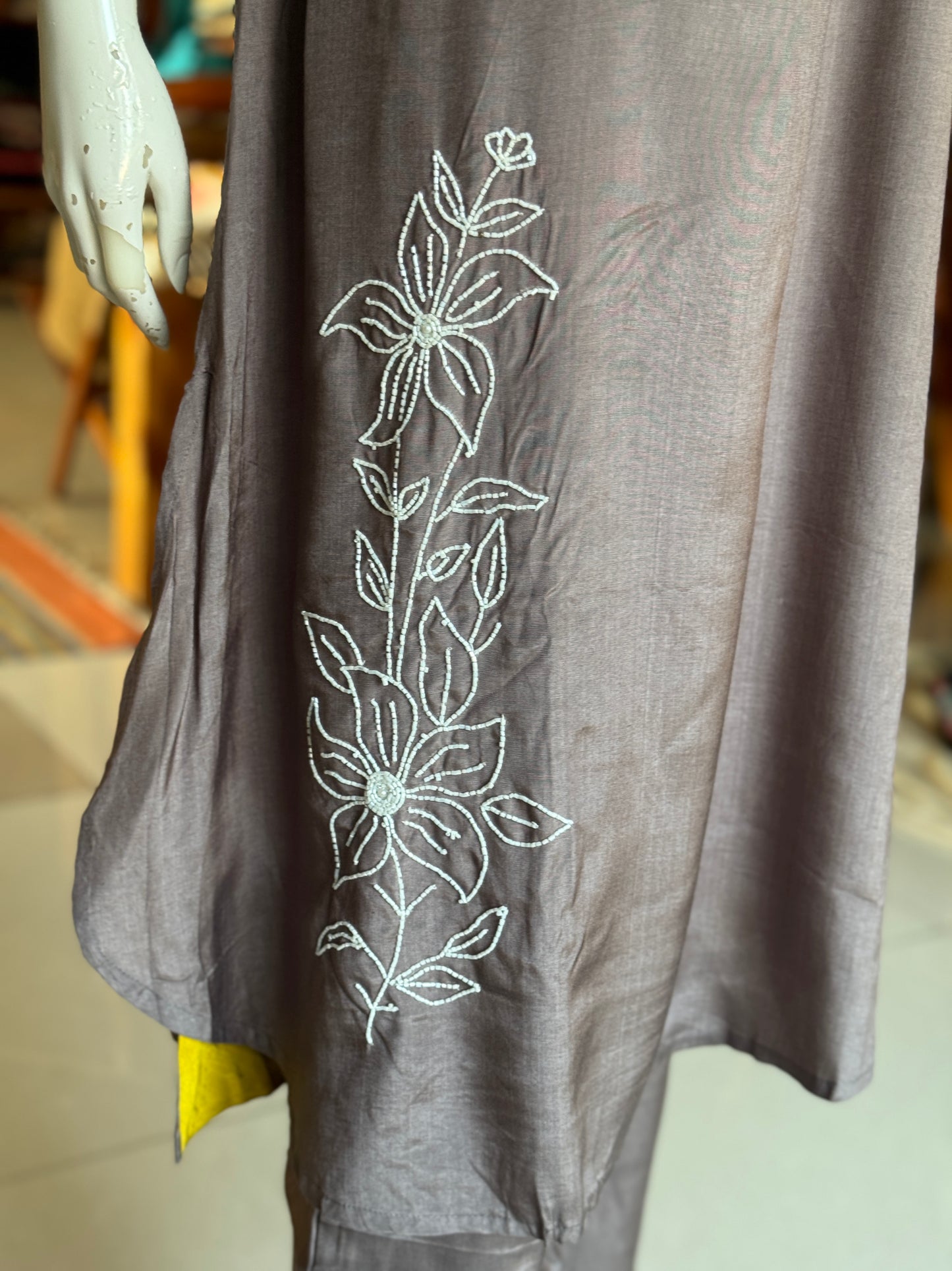 Purplish grey Co-ord set in hand embroidered muslin -  kurti, pants set