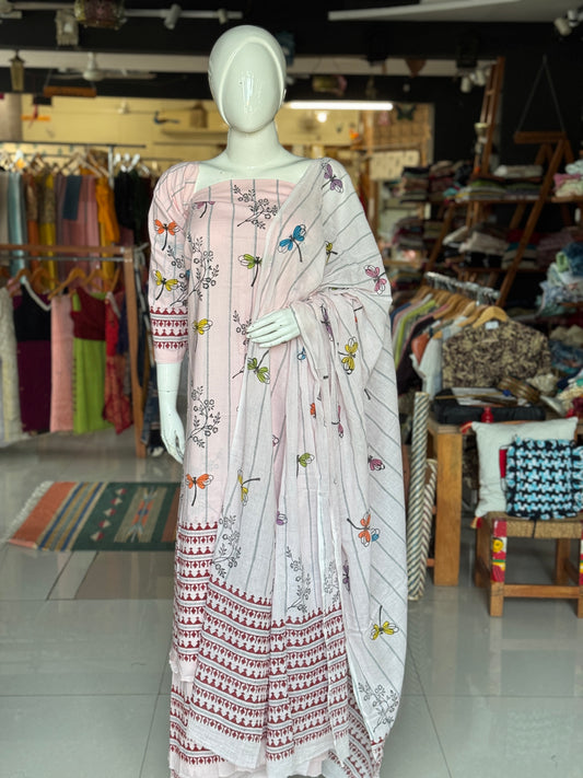 Light pink hand block printed cotton 3 piece unstitched suit set - stripes n leaves