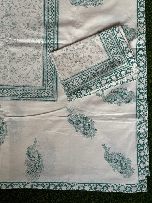 Sea green floral print (brass hand block prints) on white base pure cotton super king size bedsheet