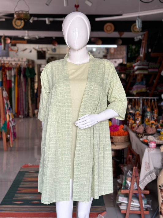 Light green cotton long jacket with plain inner - self design hand block printed