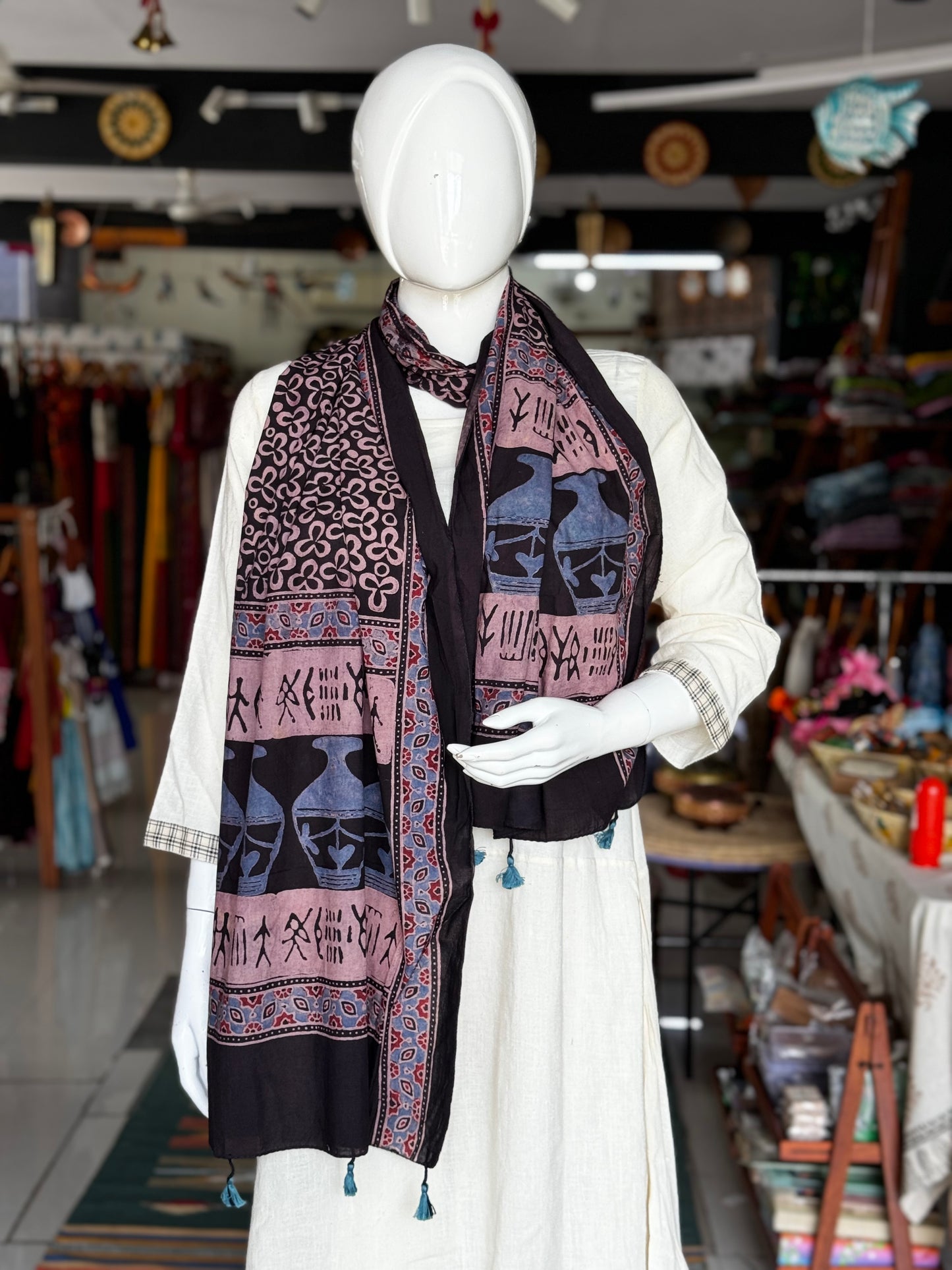 Museum on your shoulders - Black cotton stole with hand block Ajrakh prints - Harappan pots and tools design