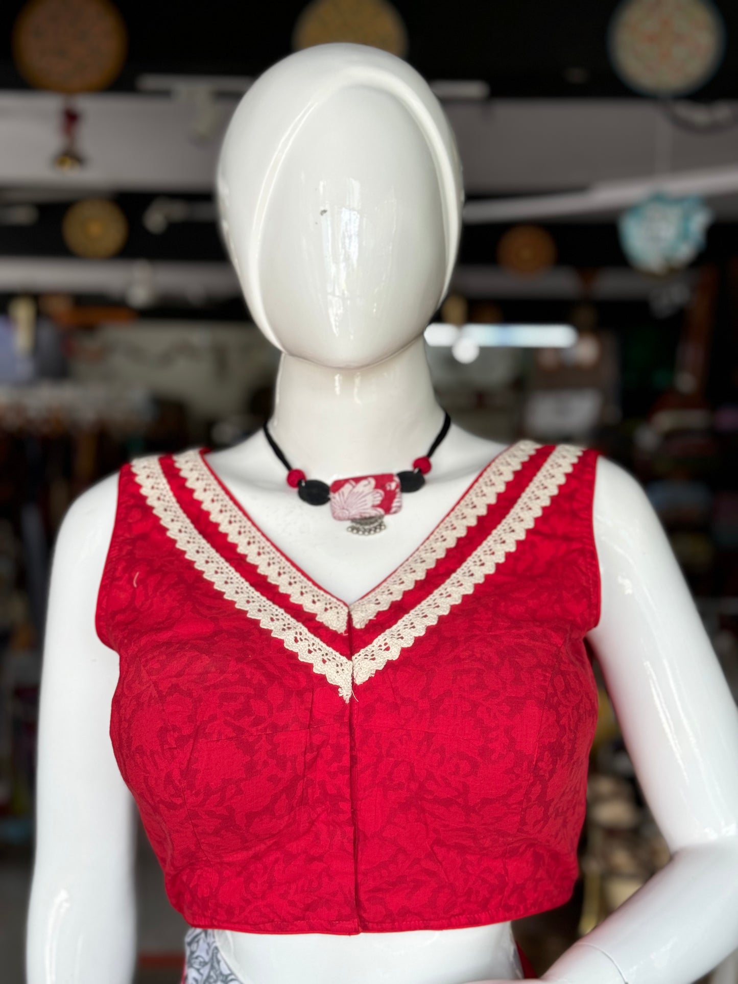 Red cotton front open blouse with lace detailing