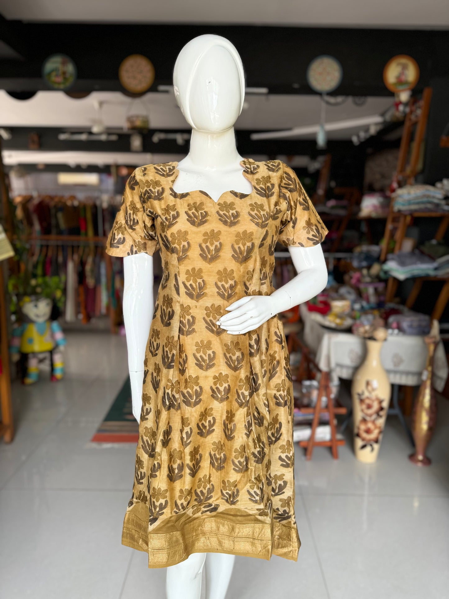 Olive green Vanaspati handblock printed Chanderi dress Kurti