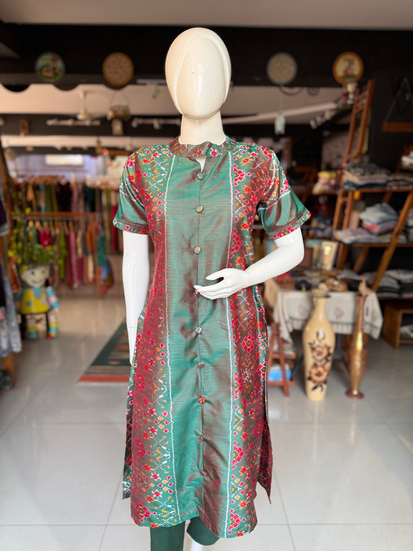 Green ikat tie n dye handwoven pure silk straight cuts Kurti