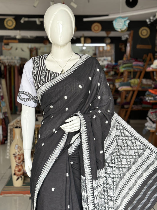 Black pure cotton Assam handloom saree with white motifs