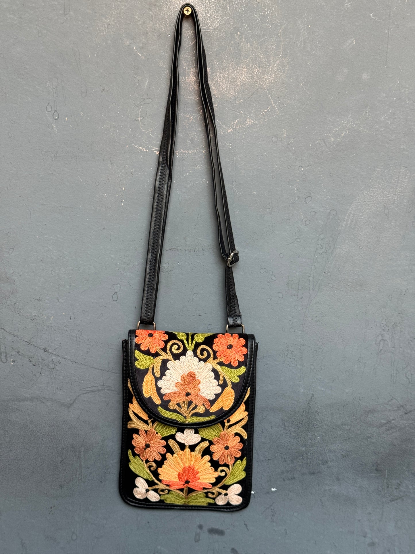 Mobile phone sling pouch - Kashmiri floral Aari embroidered with adjustable length strap and zippered back pocket - colors available