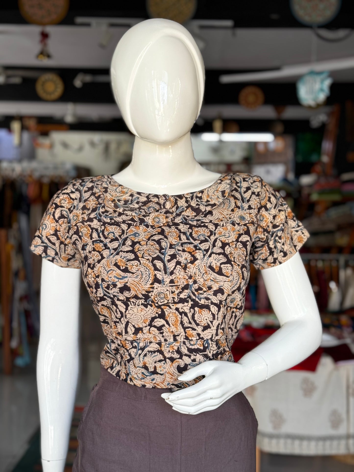 Black floral kalamkari cotton crop top / blouse with Peter Pan collar