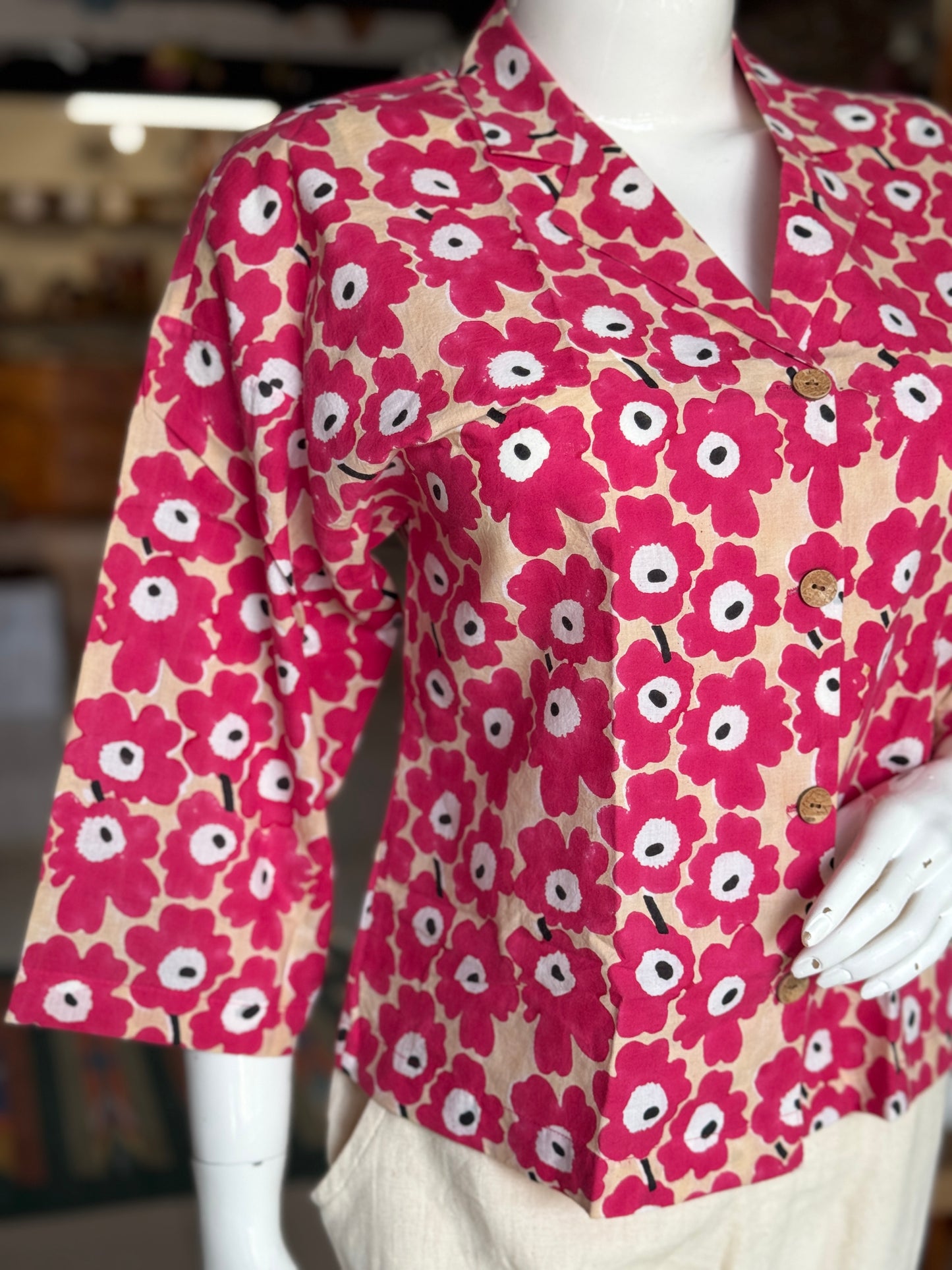Red floral cotton hand block printed boxy shirt