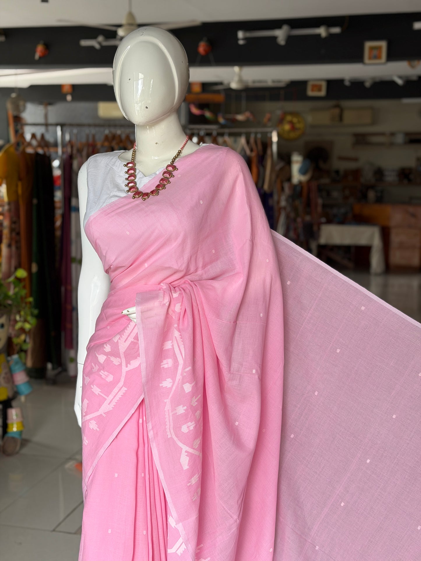 Light pink Jamdani soft cotton handloom fabric with white border