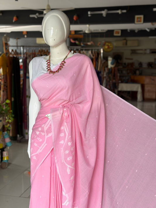 Light pink Jamdani soft cotton handloom fabric with white border