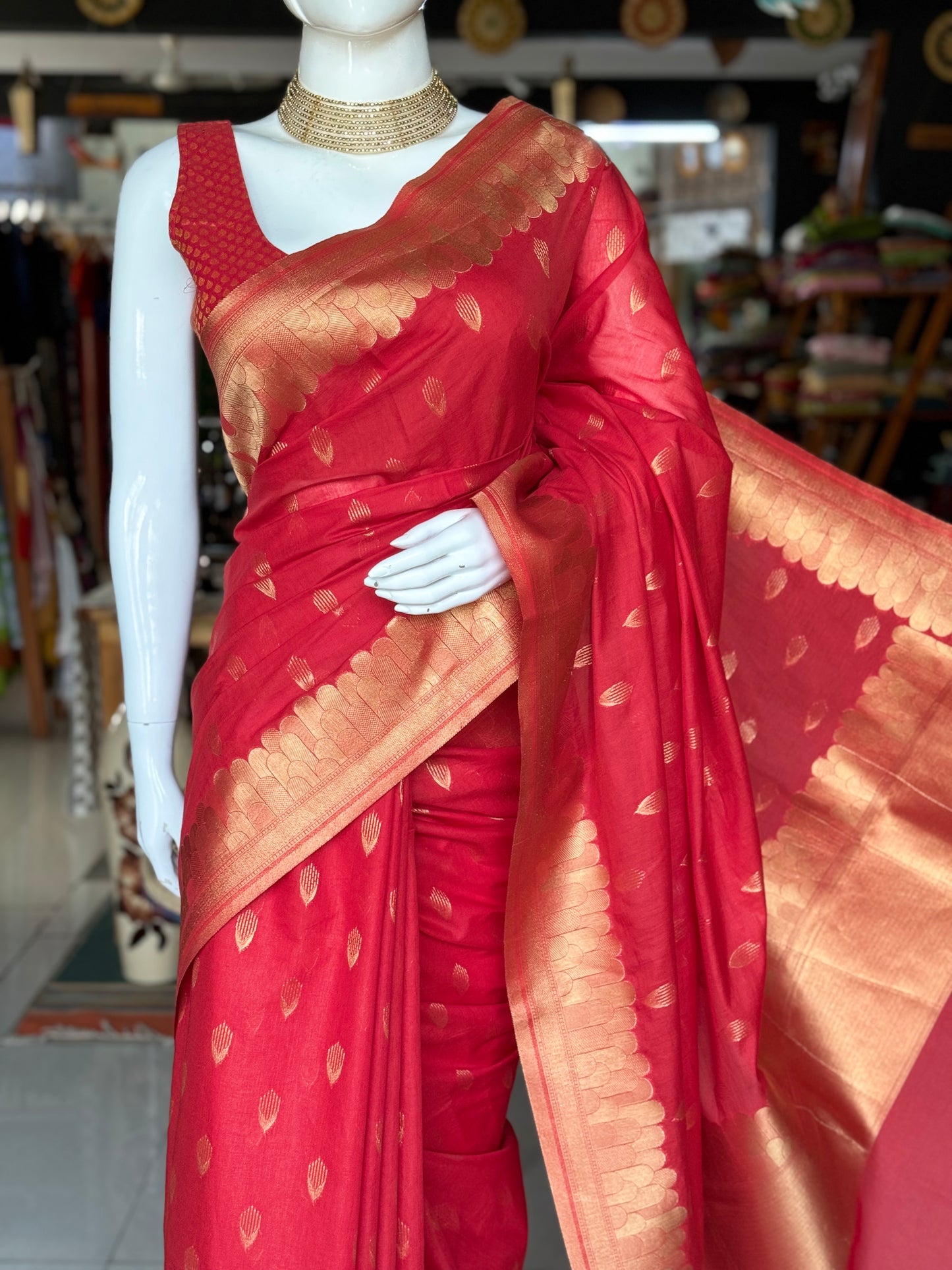 Red Banarasi cotton saree with grand look