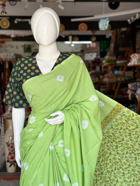 Light green tie n dye body with hand block printed palla - soft cotton saree