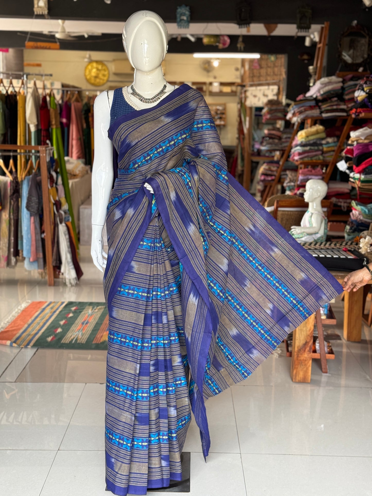 Blue stripes Chettinad cotton handloom yardage / saree