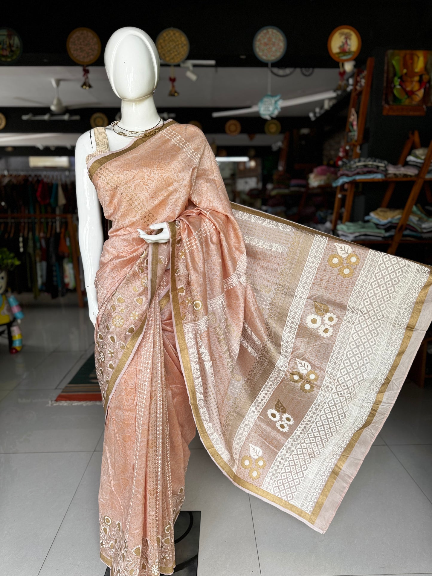 Peach hand block print silk cotton saree