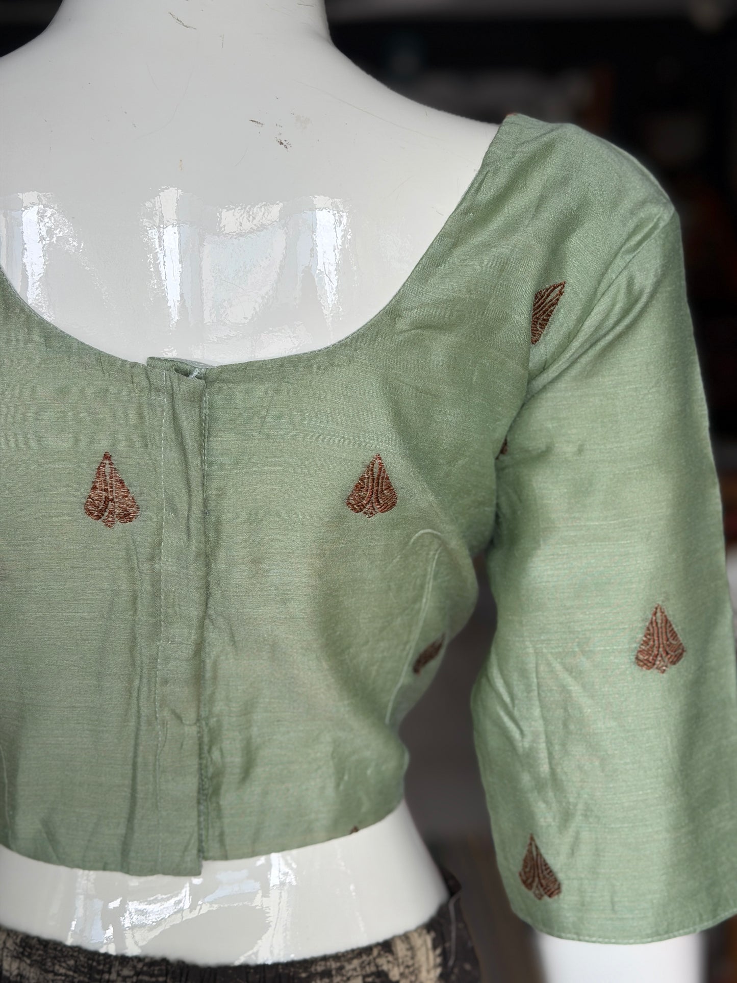 Sage green handwoven pure silk elbow sleeved blouse - both front and back open options available
