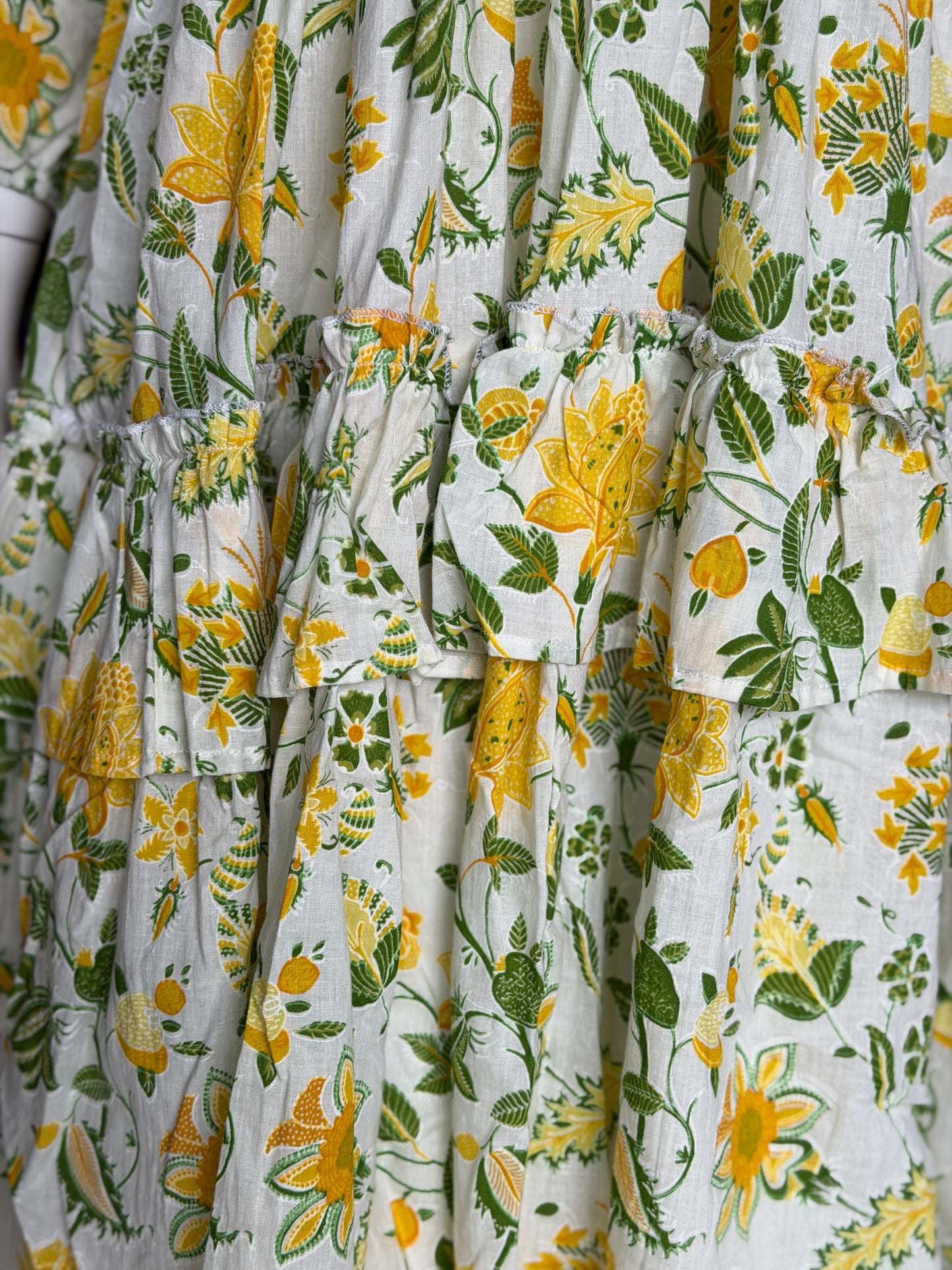 White floral cotton knee length tiered frills dress - free size with elastic waist