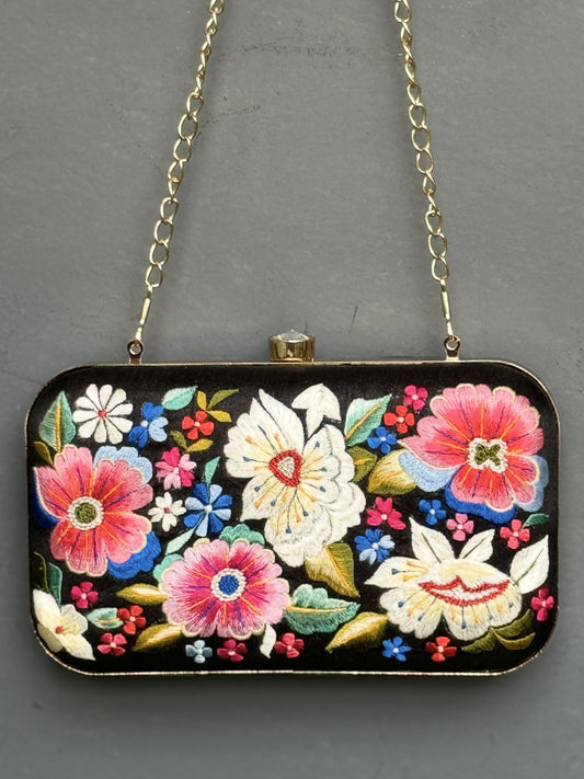 Black metallic box sling bag / clutch with multi coloured floral embroidery