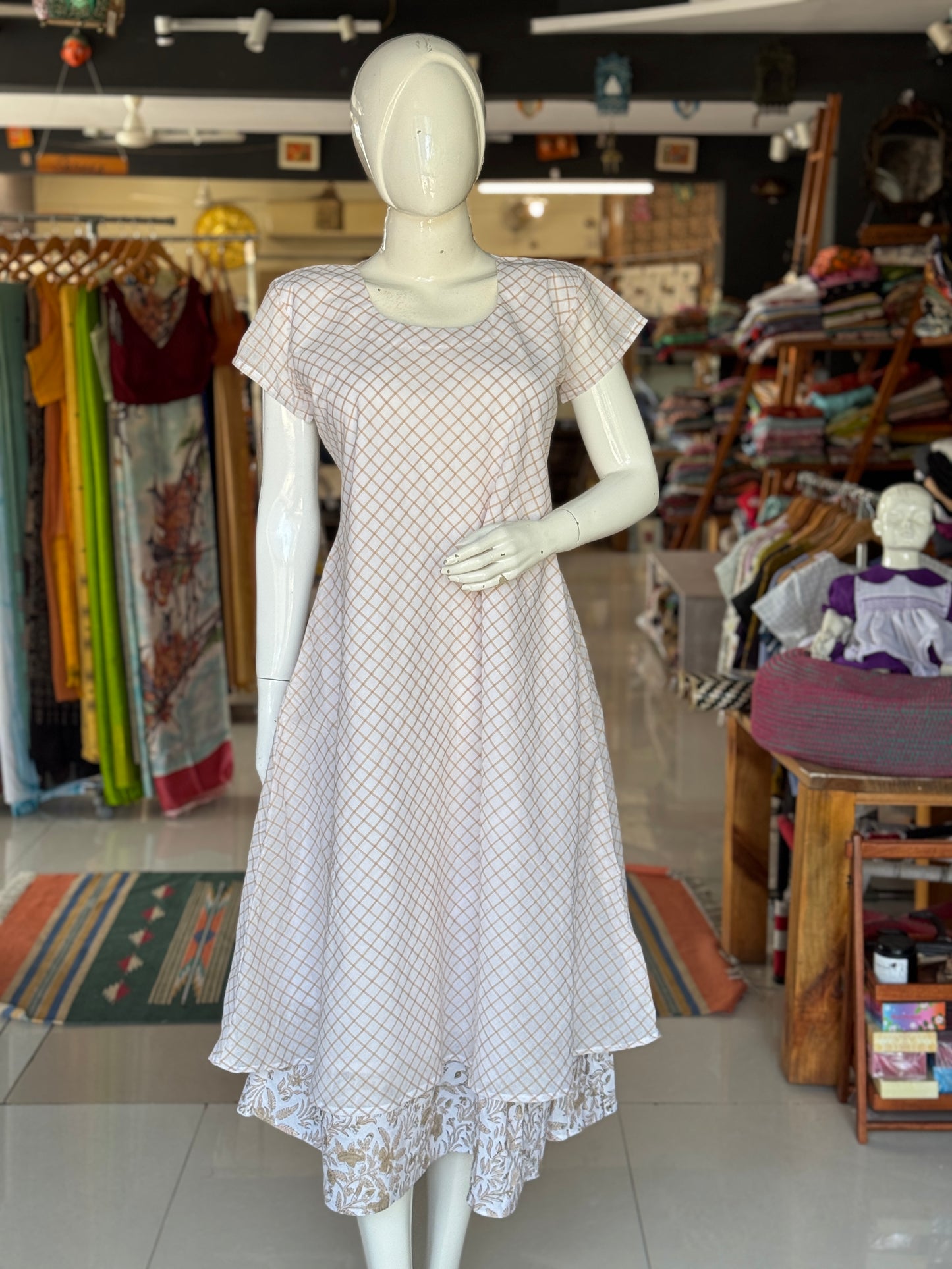 White n brown handwoven cotton dress with hand block printed hem