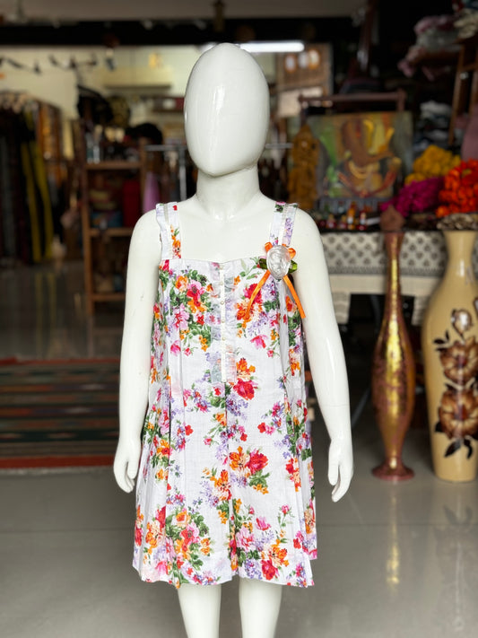 White multi colored floral print cotton frock with organza detailing