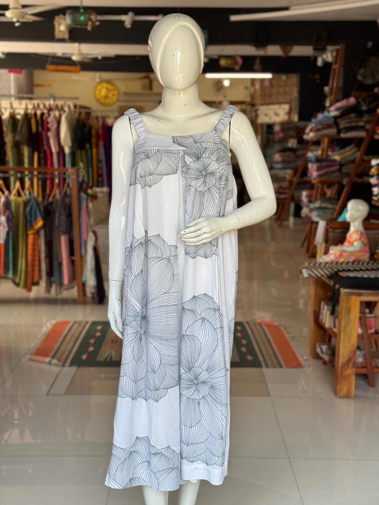 White dhalia flower hand printed free sized jumpsuit