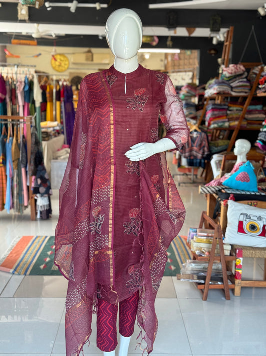 Wine tone hand block printed kota cotton straight kurti, pants and dupatta set - with hand embroidery