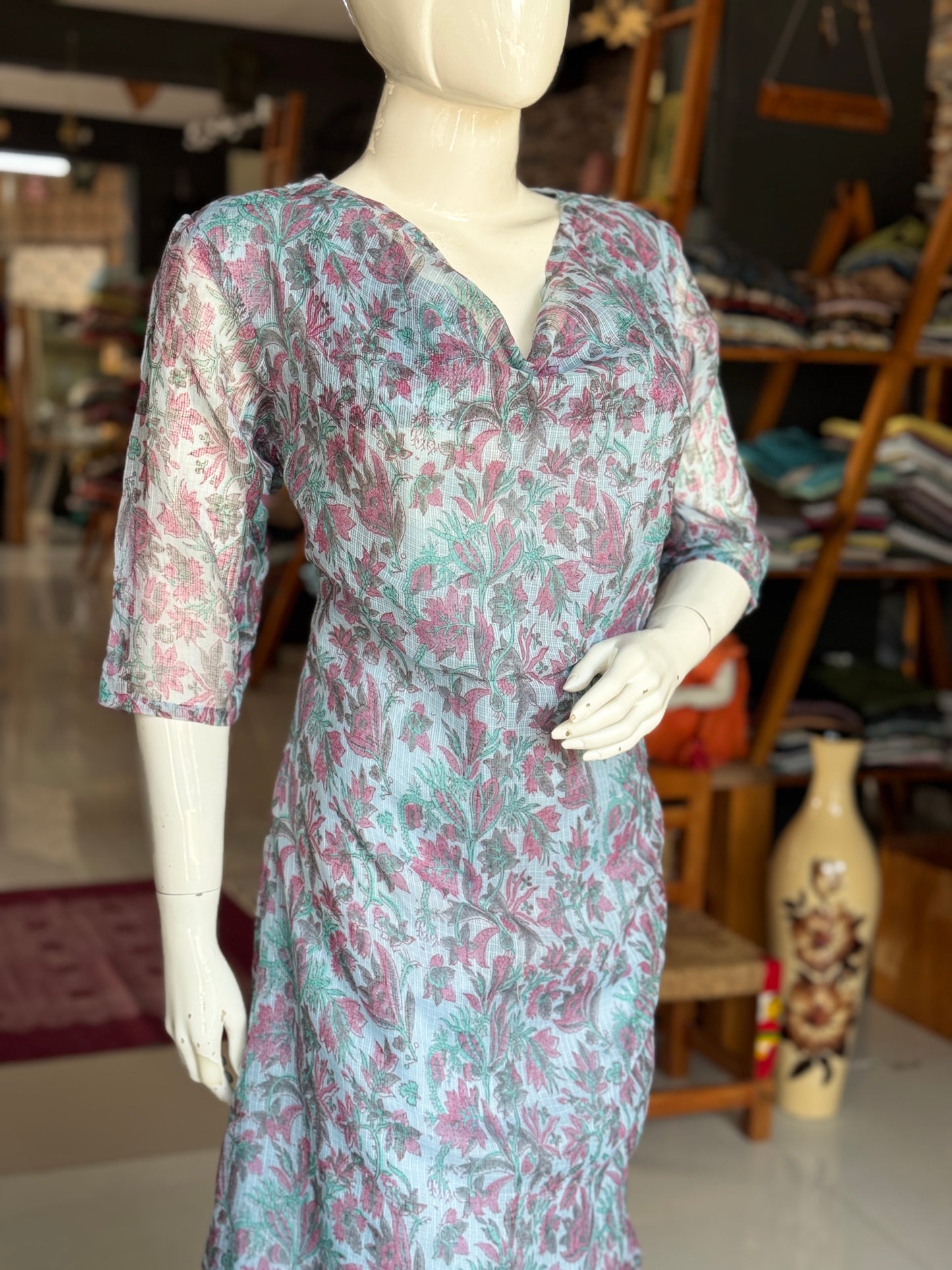 Pastel blue floral hand block printed easy breezy kota cotton dress with cowl neck