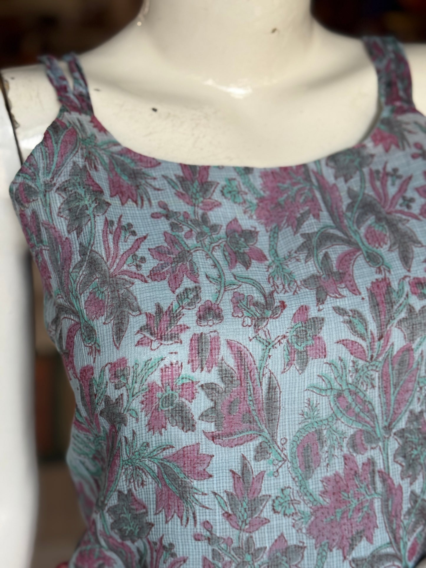 Pastel blue floral hand block printed light and soft kota doria cotton crop top with braided straps