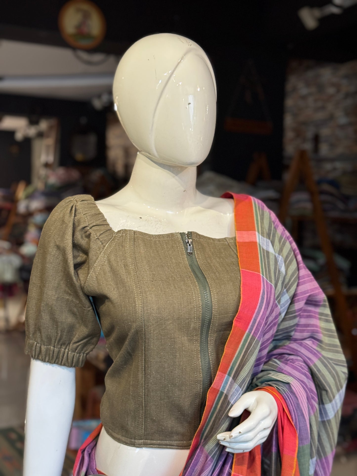 Green denim jacket zipper blouse - hand woven, natural dyed denim with zipper, wear it like a blouse, crop top or a jacket