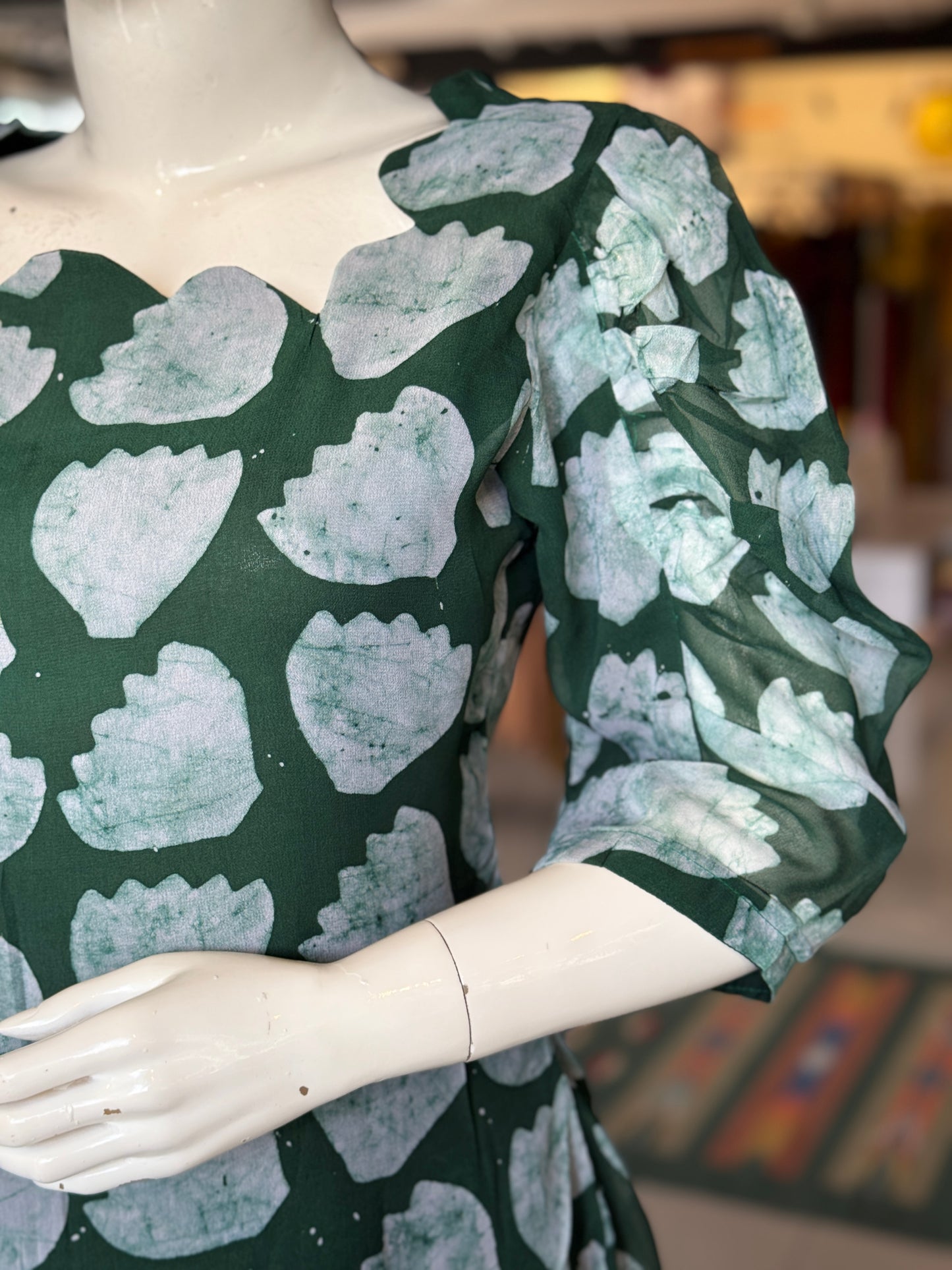 Dark green floral georgette hand batik straight kurti with lining