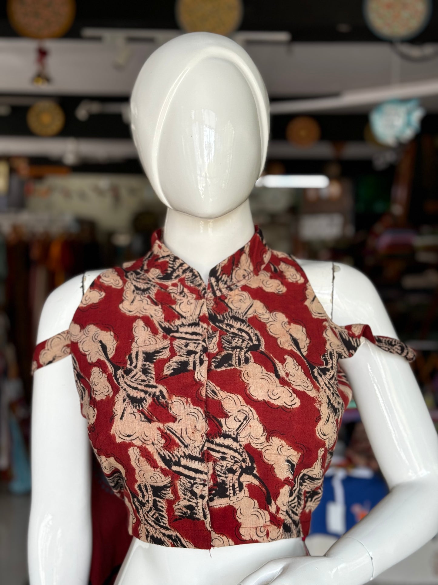 Maroon hand woven, natural dyed, hand block printed malkha cotton band collared blouse with arm straps