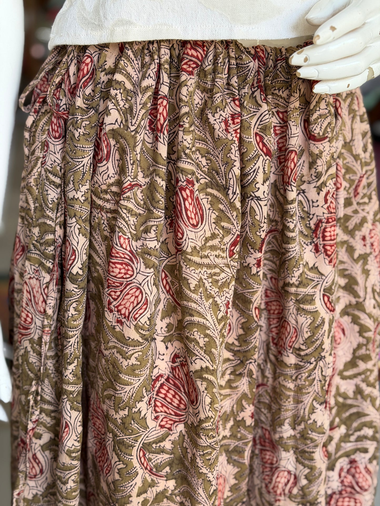 Olive green hand block printed silk cotton viral jalu skirt with pockets - free size with both sides draw string