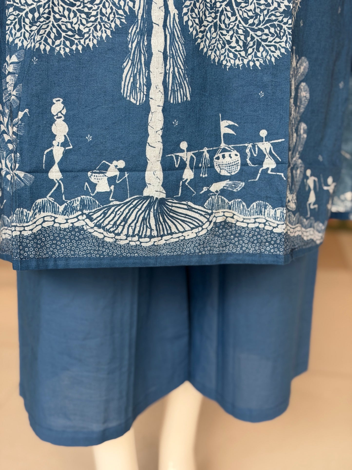 Blue mirror work, tree print straight kurti, pants and dupatta - 3 piece set