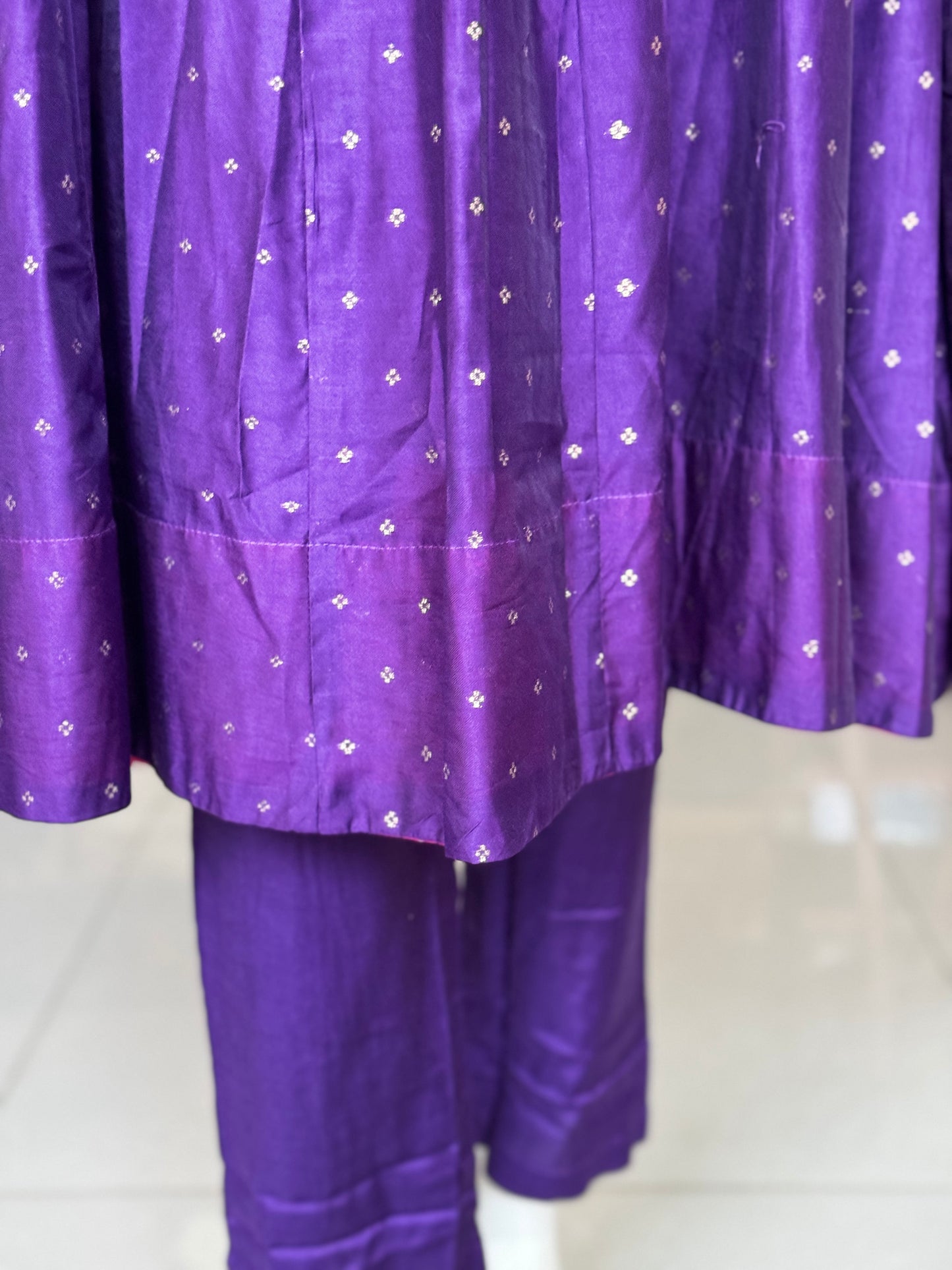 Violet silk cotton anarkali full sleeves 3 piece suit set with colorful dupatta- festive wear set