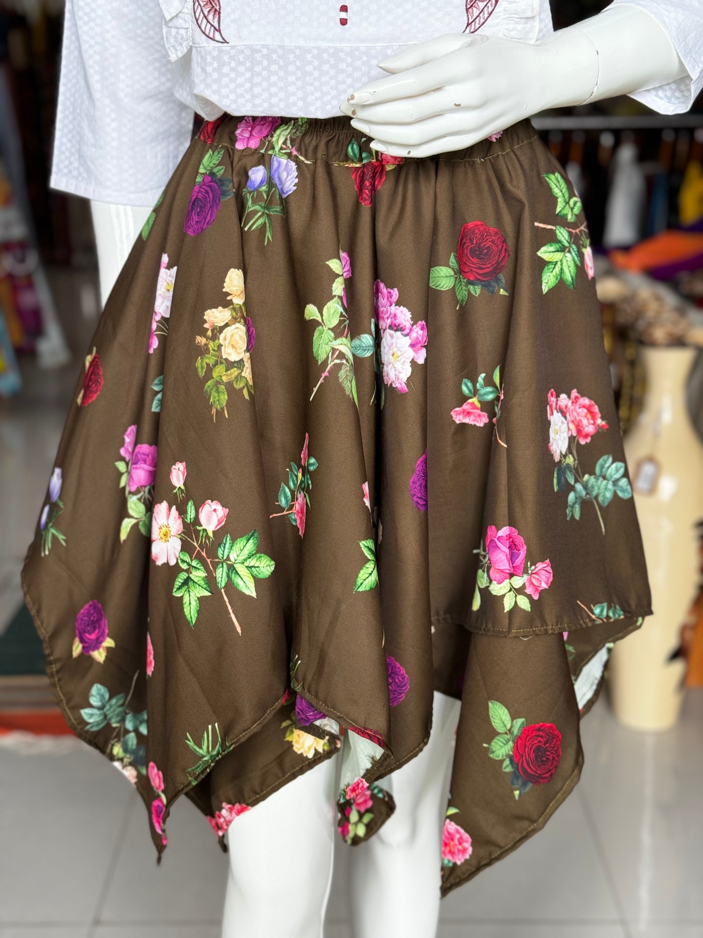 Olive green floral print free sized kerchief cut skirt