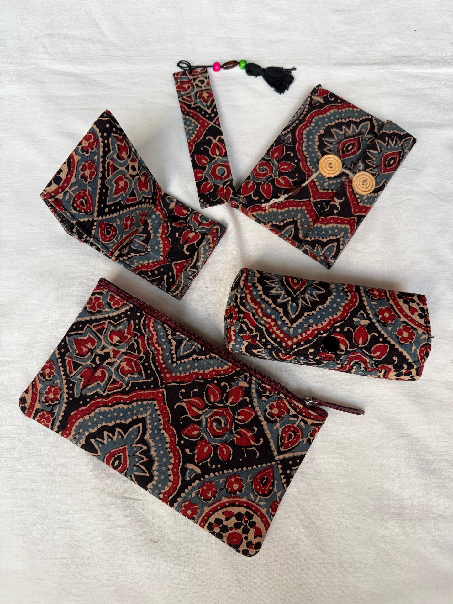 Gift set - small fabric covered notebook, bookmark, mobile phone holder, utility zippered pouch, spects / goggles case - handcrafted 5 piece gift set