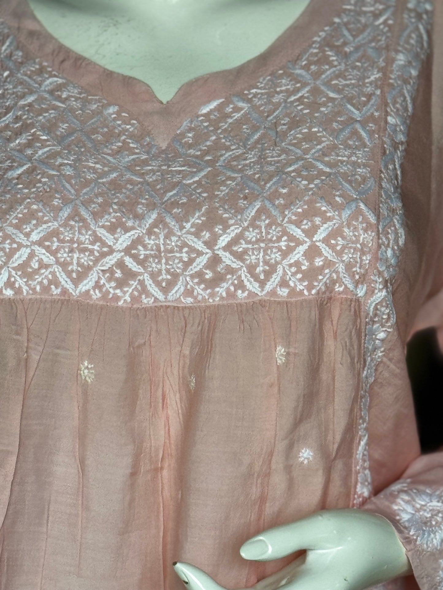 Peach Chikankari hand embroidery tunic on muslin