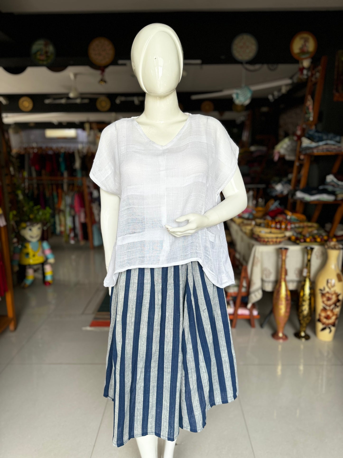 Indigo blue natural dyed, hand spun, hand woven free sized cotton stripes skirt