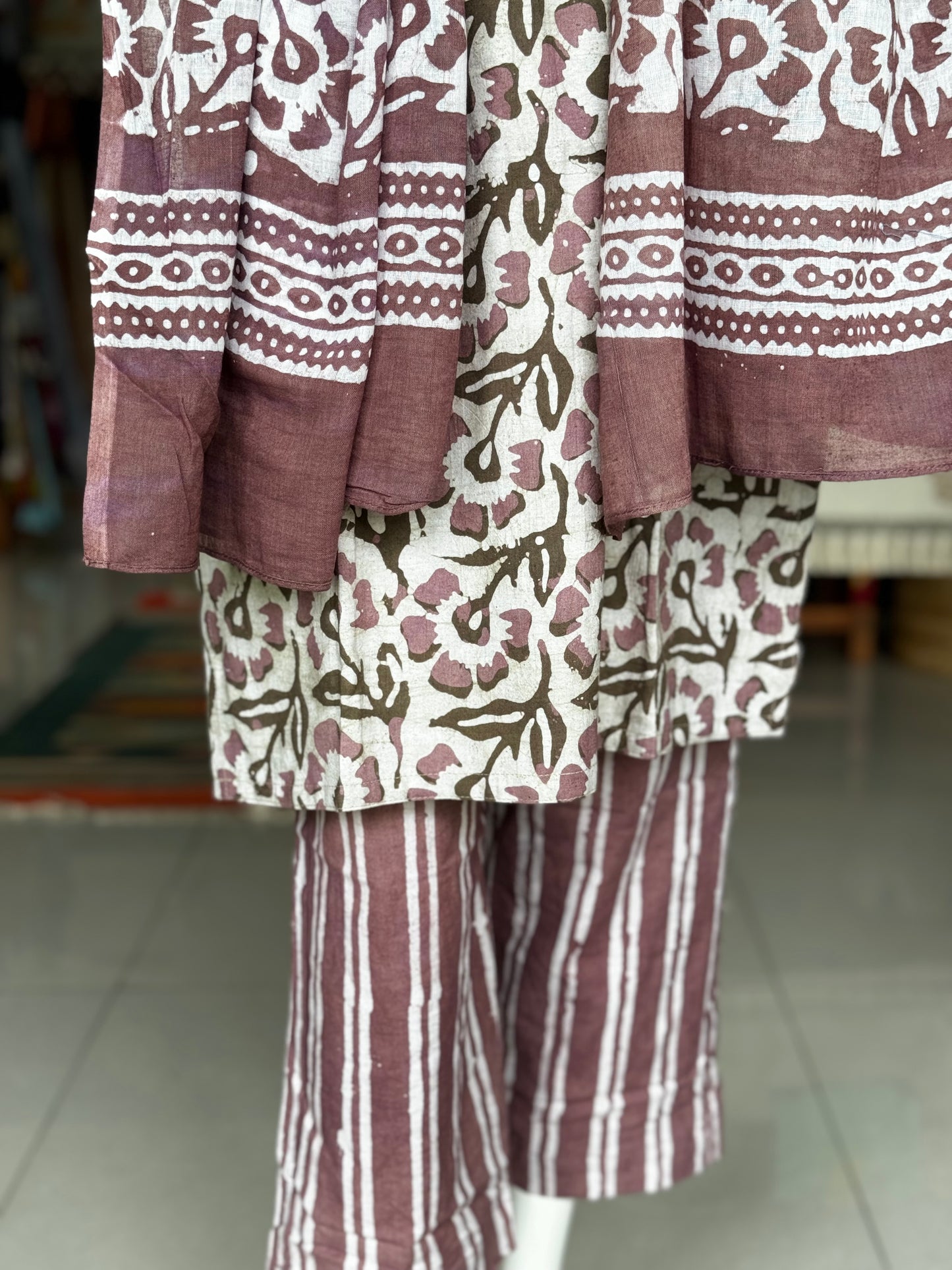 Mauve floral hand batik print cotton straight Kurti, pants and dupatta set