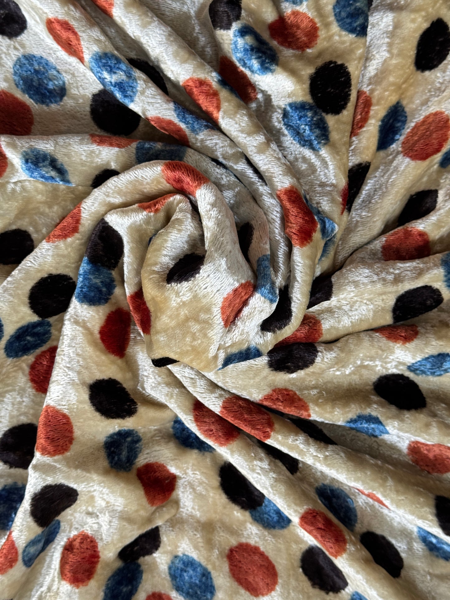 Colorful small circles on cream velvet base -  Ajrakh hand block printed velvet fabric