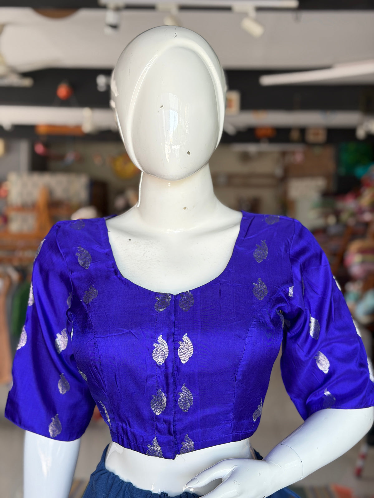 Royal blue pure silk Venkatagiri handloom elbow sleeves princess cut front open blouse
