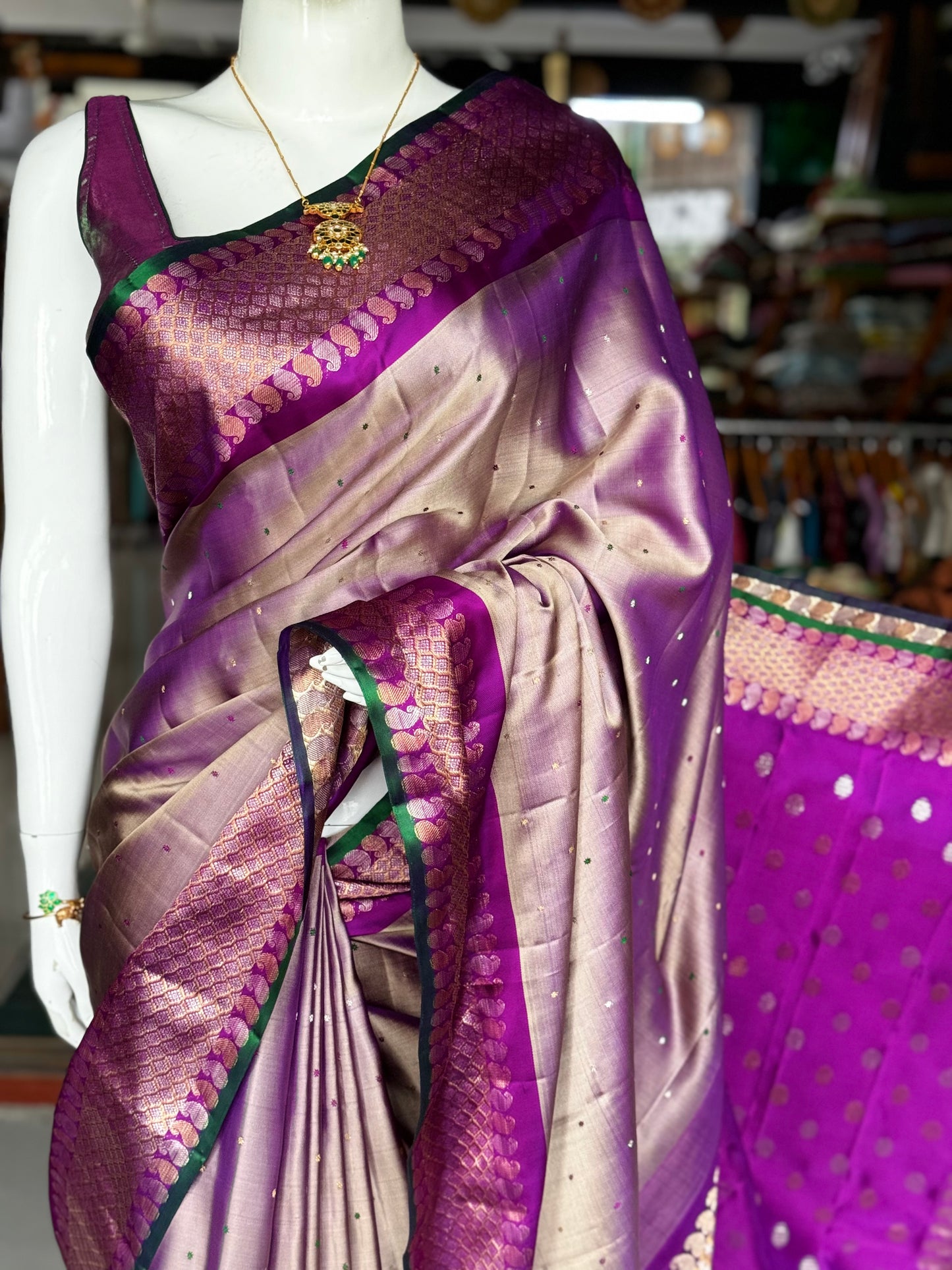 Purple and gold dual tone pure silk twill weave handwoven Gadwal saree with green selvedge