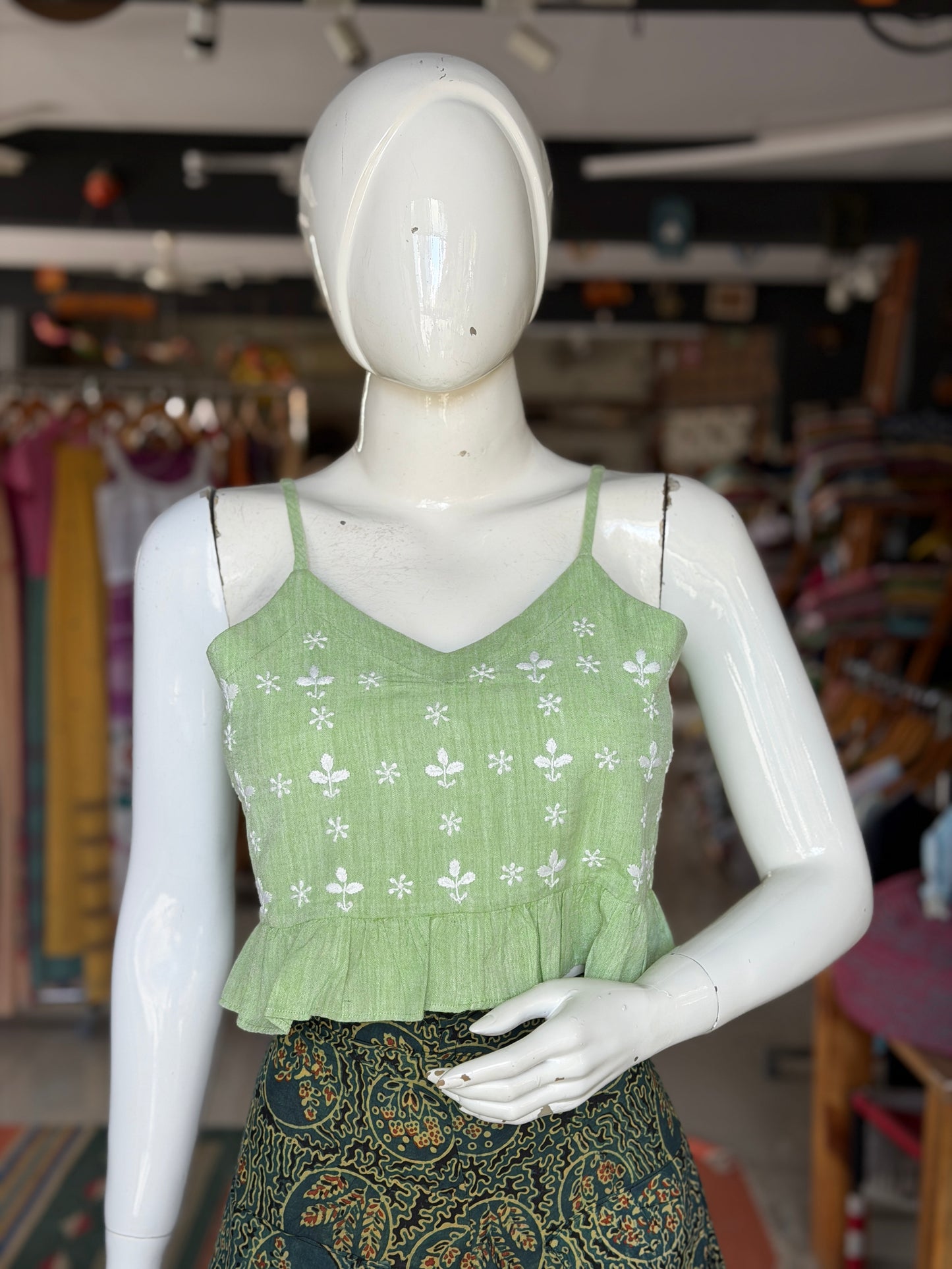 Frilled hem Crop top / blouse with thin straps -  Chikankari hand embroidered handwoven cotton crop top / blouse