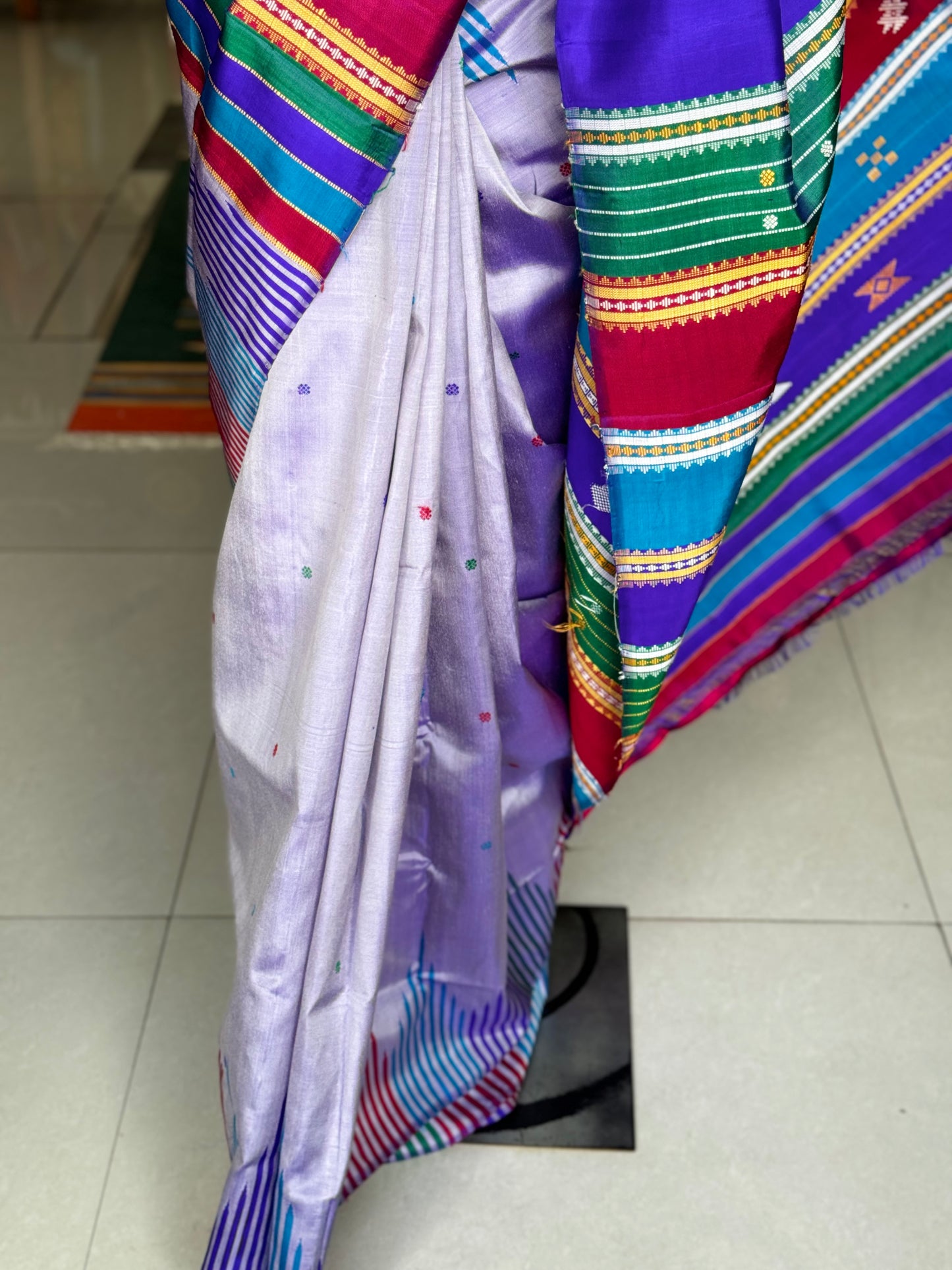 Lavender Brahmapuri silk handwoven saree with unique stripes temple border and colourful double palla