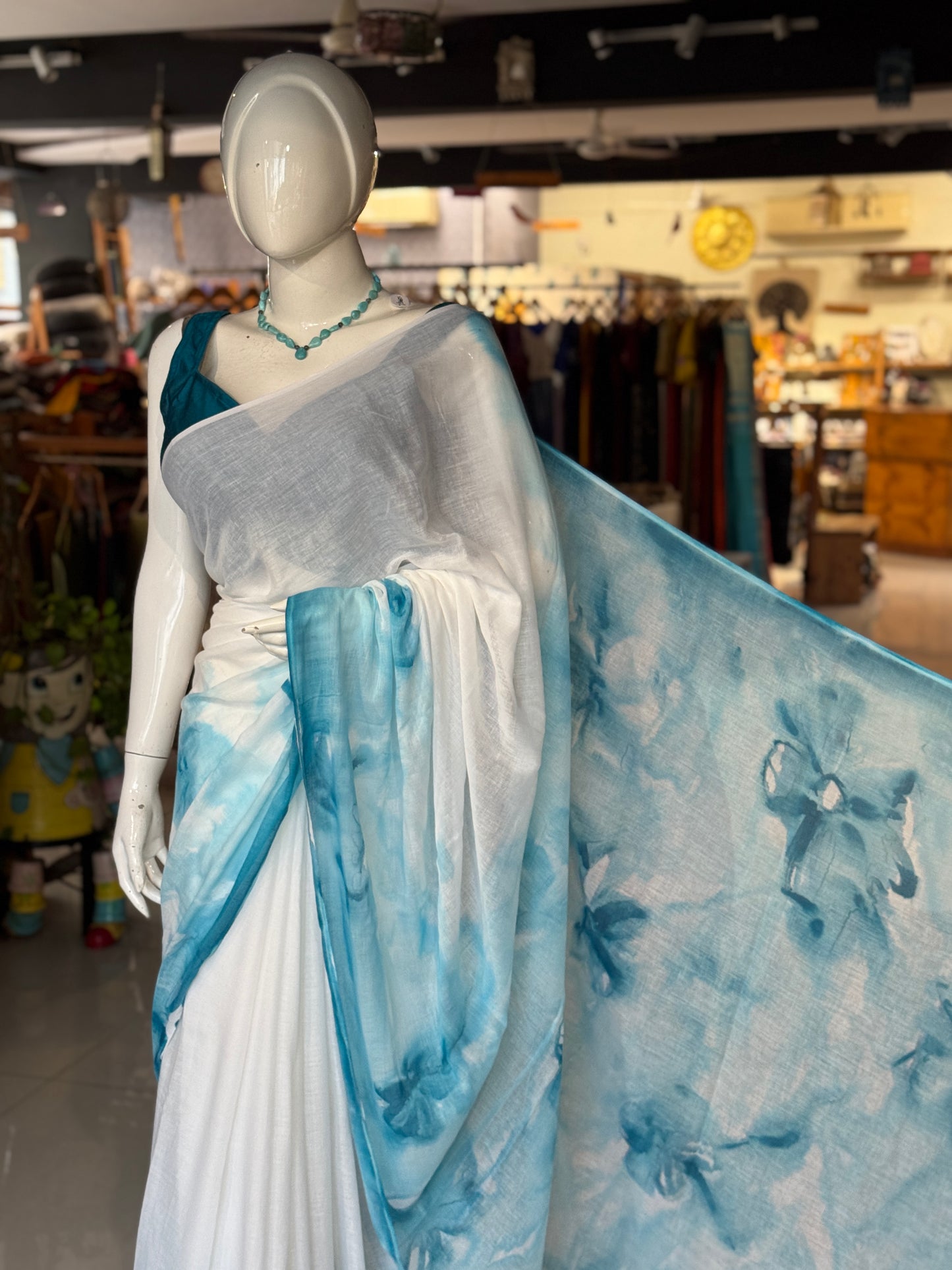 White and blue floral design water colors hand painted soft mul cotton saree