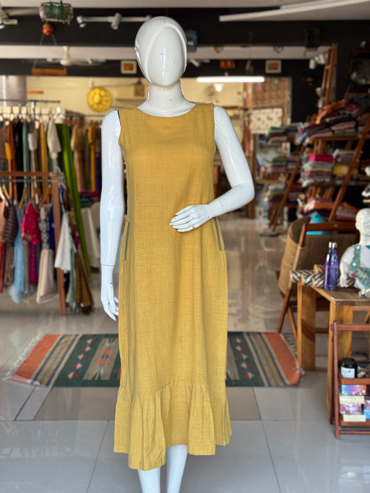 Yellow natural dyed , hand woven, textured organic cotton dress