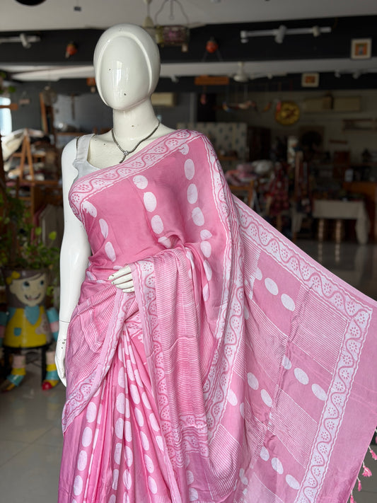Soft pink hand batik flowy modal saree - circles and stripes